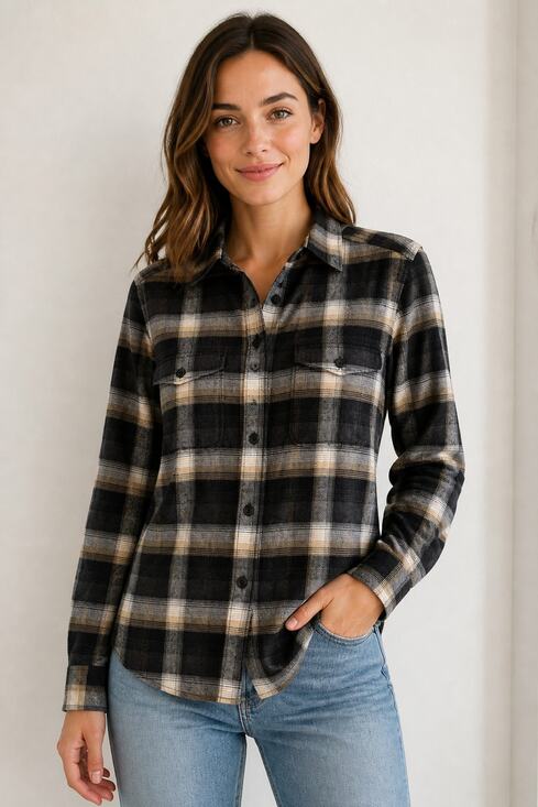 Gap Tops - Gap 1969 XS Black Beige Plaid Button Down Shirt